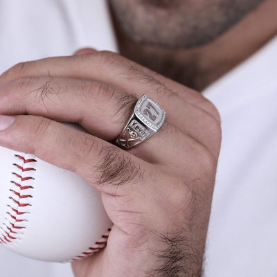 Engraved Baseball Texture Signet Ring with Birthstone