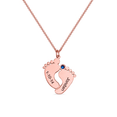Engraved Baby Feet Imprint Necklace with Date & Name Rose Gold