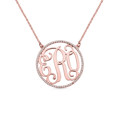 Rose Gold Circle Birthstone Monogram Initial Pendant Necklace