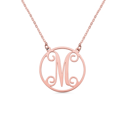 Rose Gold 1 Initial Vintage Style Circle Monogram Necklace