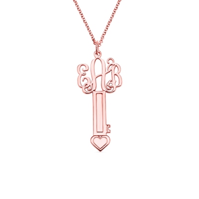 Rose Gold Key Heart Necklace with Monogram Initial