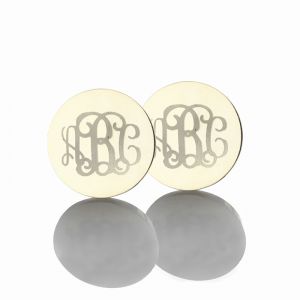 Circle Monogram 3 Initial Earrings Solid White Gold