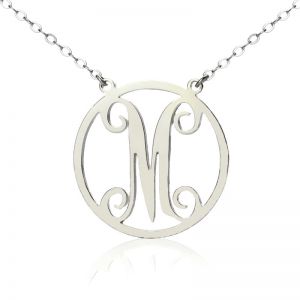 Solid White Gold Single Initial Circle Monogram Necklace