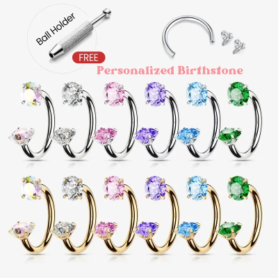 (Set of 2pcs)Personalized Birthstone 20G/18G Horseshoe Nose Ring(Free Ball Holder) Internally Threaded Gems, Earring Daith Cartilage Helix, Piercing Jewelry
