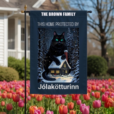Personalized Family Name Yule Cat Christmas Flag, Icelandic Jólakötturinn Folklore Garden Flag, Garden Decor, Christmas Gift for Mom/Grandma/Family