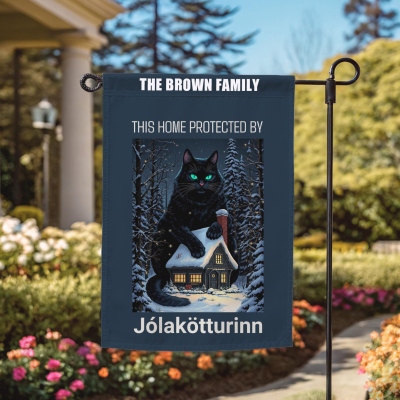 Personalized Family Name Yule Cat Christmas Flag, Icelandic Jólakötturinn Folklore Garden Flag, Garden Decor, Christmas Gift for Mom/Grandma/Family