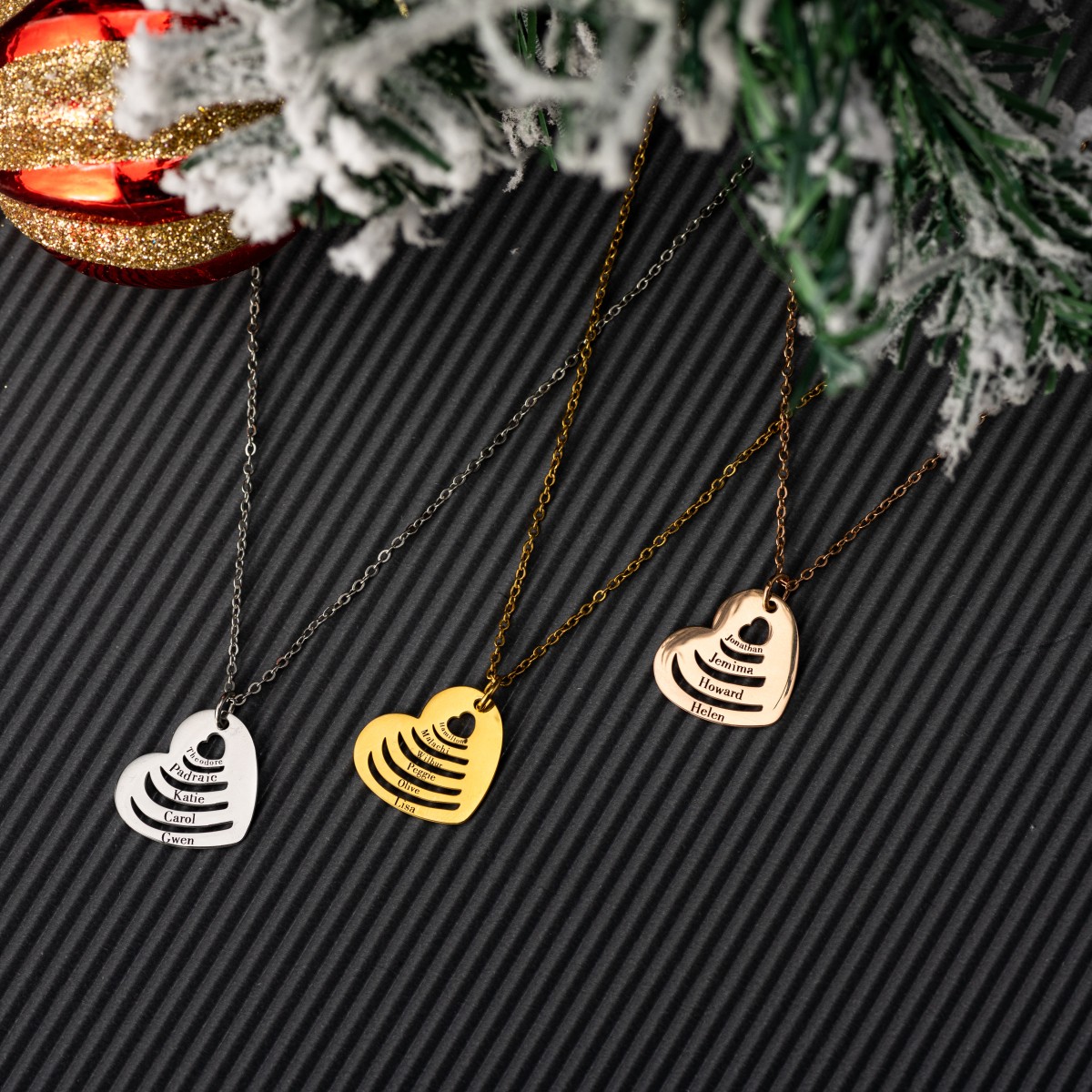 Custom Multiple Name Heart Pendant Necklace, Stainless Steel 26 Names