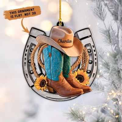Custom Name Western Christmas Ornament, Horseshoes Christmas Tree Hanging Ornament, Holiday Home Decor, Christmas Gift for Cowboy Lovers/Family/Kids