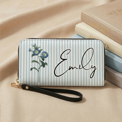 Personalized Name Birth Flower Striped Leather Wallet, Zip Around Clutch Purse with Wrist Strap, Birthday/Mother's Day Gift for Her/Mom/Grandma