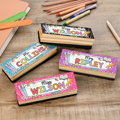 Custom Name Teacher's Chalkboard Eraser, Composition Book Design Wooden Eraser with 2 Markers, Back to School/Teacher's Day/Appreciation Gift for Teachers