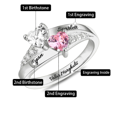 Engraved Double Heart Birthstone Ring Sterling Silver