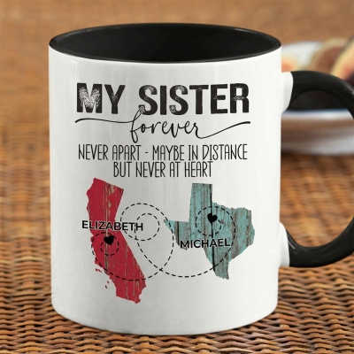 Custom US State Maps Long Distance Sibling Mug with Names, 11oz/15oz Two Tone Ceramic Coffee Mug, Long Distance/Birthday Gift Family/Sister/Brother