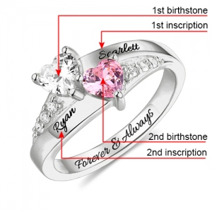 Engraved Double Heart Birthstone Ring Sterling Silver