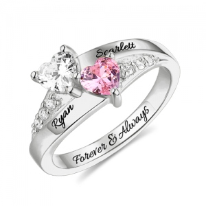 Shinning Engraved Double Heart Birthstone Ring Sterling Silver