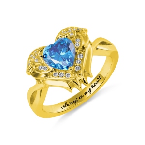 Engraved Angel Wings Ring with Birthstone in Gold for Her