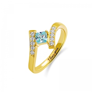 Engraved Princess-Cut Birthstone Ring Gold