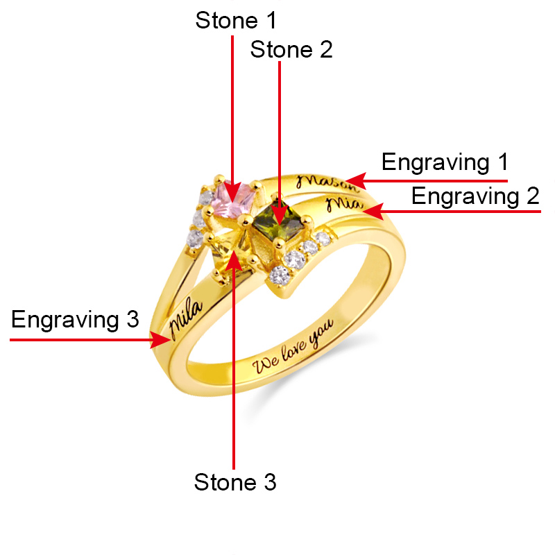 Engraved Mother's Princess-Cut Birthstone Ring Gold - GetNameNecklace