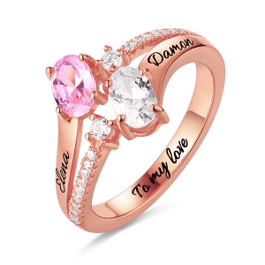 Engraved Double Oval Birthstones Ring In Rose Gold
