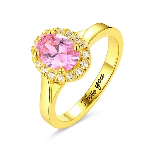 Engraved Stunning Oval Shaped Stone Halo Ring In Gold