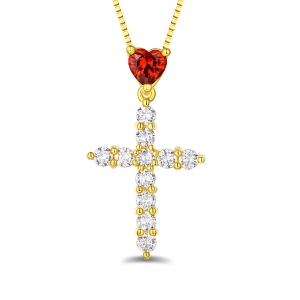 Personalized Heart Birthstone Cross Necklace In Gold