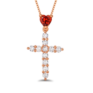 Personalized Heart Birthstone Cross Necklace In Rose Gold