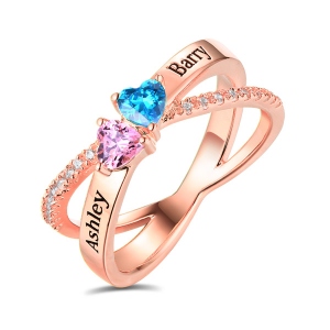 Personalized Heart Birthstones Crisscross Ring In Rose Gold