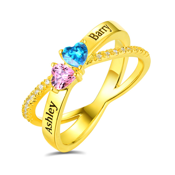 Personalized Heart Birthstones Crisscross Ring In Gold