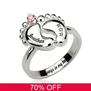 Engraved Baby Feet Ring with Birthstone Platinum Plated 70% Off