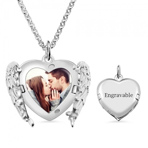 Engravable Angel Wings Sterling Silver Heart Photo Locket Necklace