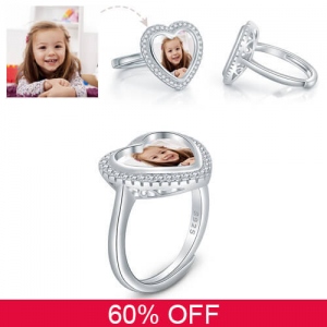 Custom Heart Photo Adjustable Ring Sterling Silver