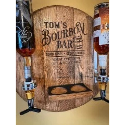 Wall Mounted Liquor Dispenser from Bourbon/Whiskey/lrish/Rum Barrel Lid