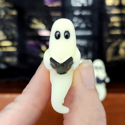 Pet Ghost Reading a Book, Miniature Shelf Sitter Figurine, Handmade Halloween Decoration, Spooky Cute Glow in the Dark