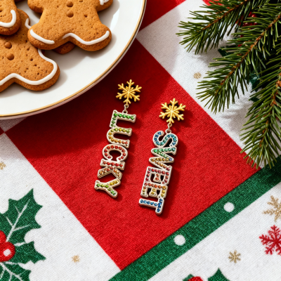 Handcrafted Christmas Blessing Neon Sign Earring with Gemstone, Vintage Earring for Women, Holiday Jewelry, Christmas Gift for Mom/Wife/Family