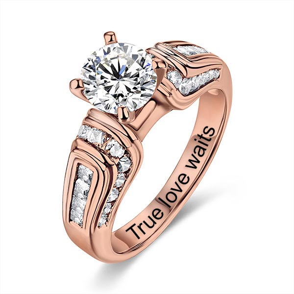 Engraved Round Gemstone Wedding Ring In Rose Gold
