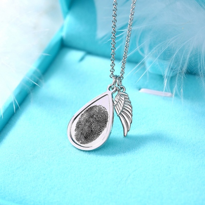 Teardrop Fingerprint Necklace With Angel Wing