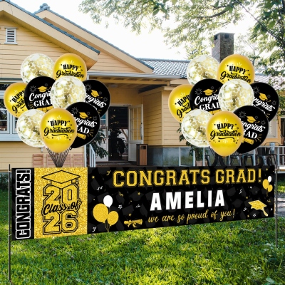 Personalized Name Graduation Party Decorations, Red Personalized Class of 2026 Graduation Banner with 78 Alphabet Stickers and Balloons, Congrats Banner for College High School Party Supplies