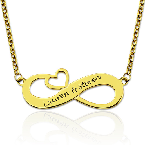 Engraved Infinity Heart Lovers' Names Necklace Gold Plated Silver ...