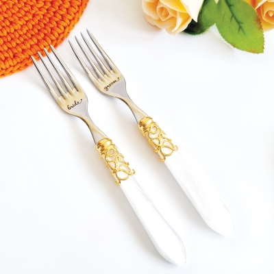 Personalized Engraved Forks, I Forking Love you Gift Set, Luxury Wedding Forks Set with White Handle and Gold Ring