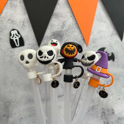 💖Buy 2 Free Shipping💖Halloween Evil Skull Scarecrow Witch Hat Ghost Straw Topper, Reusable Silicone Straw Top Cover Cap, Halloween Tumbler Accessories Party Favor