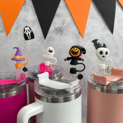 💖Buy 2 Free Shipping💖Halloween Evil Skull Scarecrow Witch Hat Ghost Straw Topper, Reusable Silicone Straw Top Cover Cap, Halloween Tumbler Accessories Party Favor