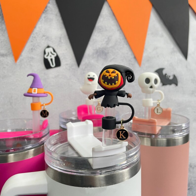💖Buy 2 Free Shipping💖Halloween Evil Skull Scarecrow Witch Hat Ghost Straw Topper, Reusable Silicone Straw Top Cover Cap, Halloween Tumbler Accessories Party Favor