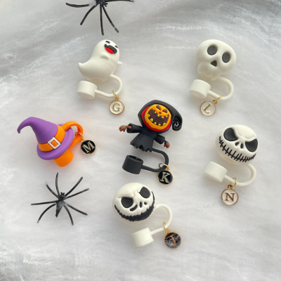 💖Buy 2 Free Shipping💖Halloween Evil Skull Scarecrow Witch Hat Ghost Straw Topper, Reusable Silicone Straw Top Cover Cap, Halloween Tumbler Accessories Party Favor