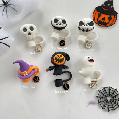 💖Buy 2 Free Shipping💖Halloween Evil Skull Scarecrow Witch Hat Ghost Straw Topper, Reusable Silicone Straw Top Cover Cap, Halloween Tumbler Accessories Party Favor
