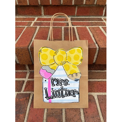💖Buy 2 Free Shipping💖Set of 4pcs Custom Name Teacher Appreciation Gift Bags, Personalized Handpainted Staff Gift Holder, Pencil & Paper Design, Teacher Name Gift Bag