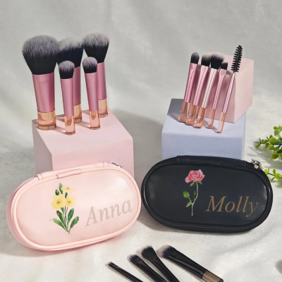 Personalized Makeup Brush Bag with Birth Flower - Travel Makeup Brushes,Portable Makeup Bag,Cosmetic Brushes Bag,Bachelorette Party,Wedding Gift,Party Favors