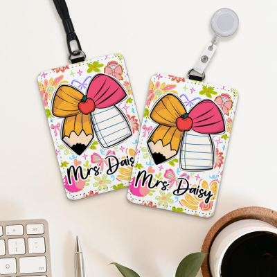 Custom Teacher ID Badge Holder, Teacher Lanyard Accessories, Personalized Back To School Gift, Teacher Leather ID Holder, School Supplies