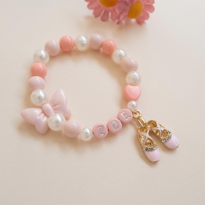 Personalized Name Ballet Shoes Bow Bracelet, Custom Beaded Bracelet, Toddler Ballerina Jewelry, Dance Recital Favor, Gift for Girl/Ballet Lovers