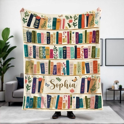 Personalized Vintage Bookshelf Library Throw Blanket, Cottagecore Book Wildlowers Blanket, Gift For Book Lover Library, Gift Floral Bookish Gift For Reader