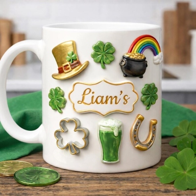Mug vert personnalisé pour la Saint-Patrick, en céramique, 325 ml (11 oz) avec trèfle porte-bonheur, arc-en-ciel et or, cadeau idéal pour la Saint-Patrick pour la famille et les amis irlandais.