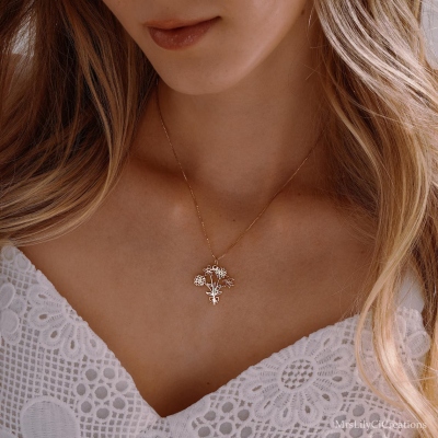 Collier bouquet de fleurs personnalisé (1 à 5 naissances), collier floral minimaliste pour la famille, bijou femme, cadeau d'anniversaire/fête des mères pour maman/grand-mère/elle